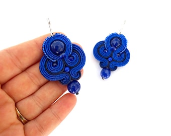 navy blue soutache earrings, cobalt earrings with jade