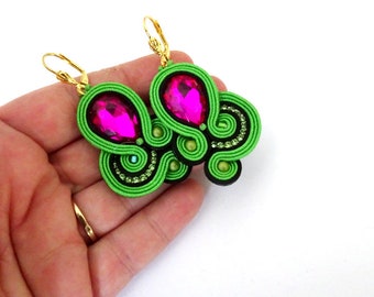 Fuchsia pink earrings, bright green earrings, soutache earrings