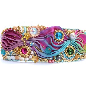 Shibori Bracelet, Cuff Bracelet, Colorful Handmade Jewelry, Hand Embroidery Cuff, Shibori Silk Bracelet with Crystals, Bead Embroidery image 1