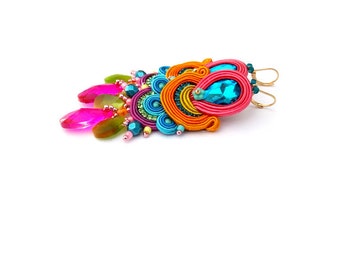 colorful boho earrings, long dangle soutache earrings, summer bright earrings, colorful crystals