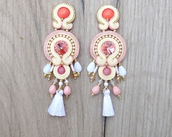 white bridal earrings , pink tassel earrings for bride or bridesmaids, handmade soutache earrings clip-on closure