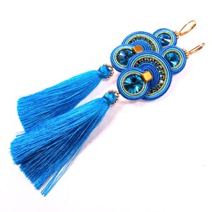 blue tassel earrings for woman, very long earrings, fabric earrings textille, soutache earrings, long beaded earrings, bridesmaid proposal