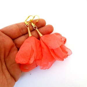 Coral earrings, flower earrings, long dangle earrings, fabric earrings, feather earrings, gold plated earrings, ethereal earrings