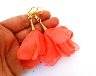 Coral earrings, flower earrings, long dangle earrings, fabric earrings, feather earrings, gold plated earrings, ethereal earrings