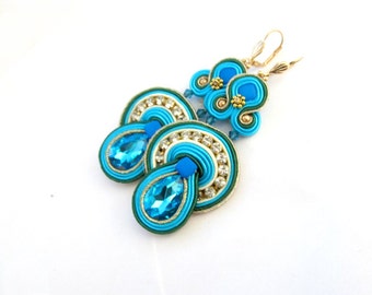 Turquoise dangle earrings, soutache earrings, gold earrings, statement earrings, soutache jewelry, oriental style earrings