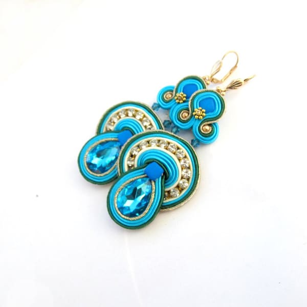 Turquoise dangle earrings, soutache earrings, gold earrings, statement earrings, soutache jewelry, oriental style earrings