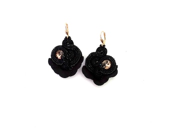 Pendientes de soutache negro, joyería brillante llamativa