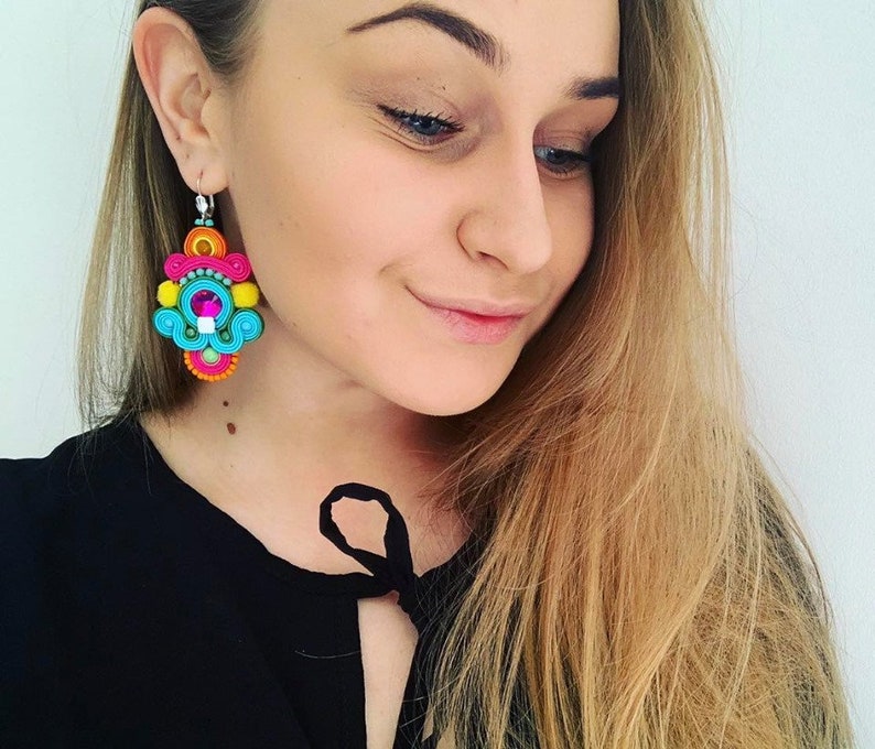 Colorful Statement Earrings With Crystals Big Soutache Boho Etsy