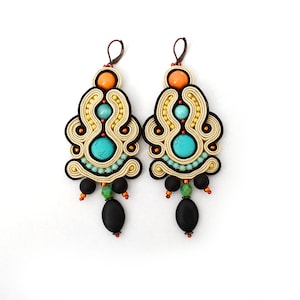 long dangle drop soutache earrings, boho drop earrings with turquoise image 1