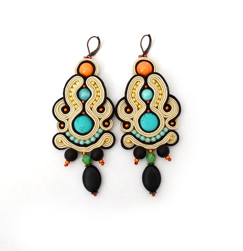 long dangle drop soutache earrings, boho drop earrings with turquoise image 1