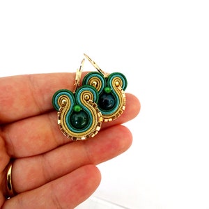 Emerald green dangle earrings, soutache earrings, gold hoop earrings, golden earrings, handmade beaded earrings