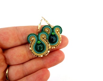 Emerald Green Soutache Earrings: Handmade Gold Beaded Jewelry