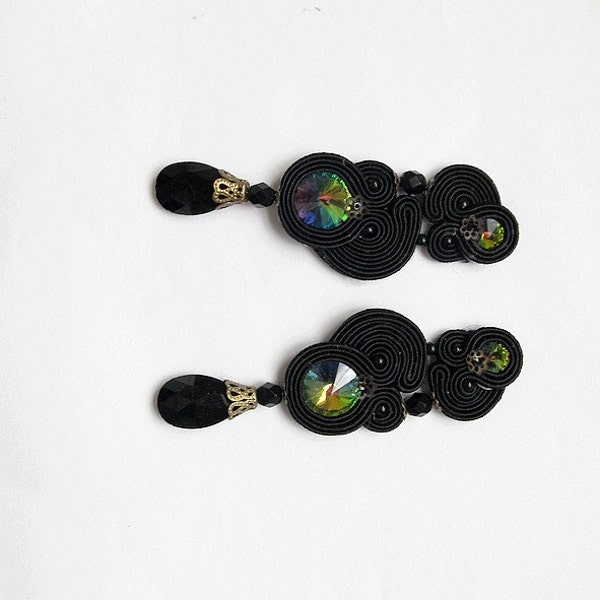 Black Clip-on Earrings-Soutache Earrings-Black Soutache Embroidered Jewelry-Earrings with Crystals