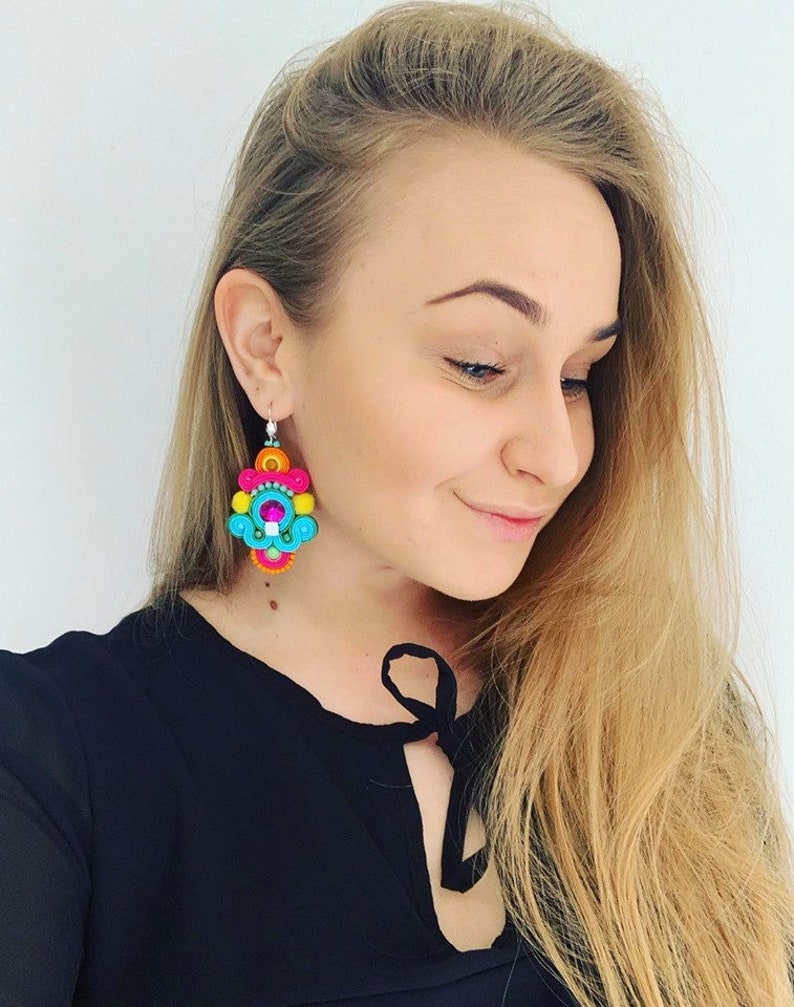 Colorful Statement Earrings With Crystals Big Soutache Boho Etsy