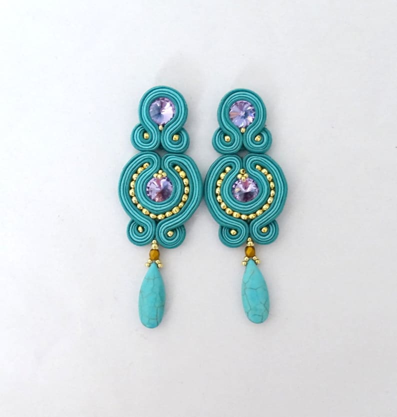 Teal Blue Clipon Earrings Long Turquoise Soutache Earrings Etsy UK