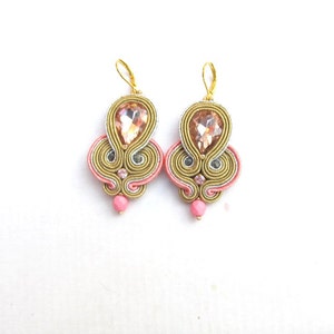 Light Rose Dangle Earrings, Soutache Earrings, Sparkling Earrings with Crystals, Dangle Earrings, Light Rose Earrings image 2