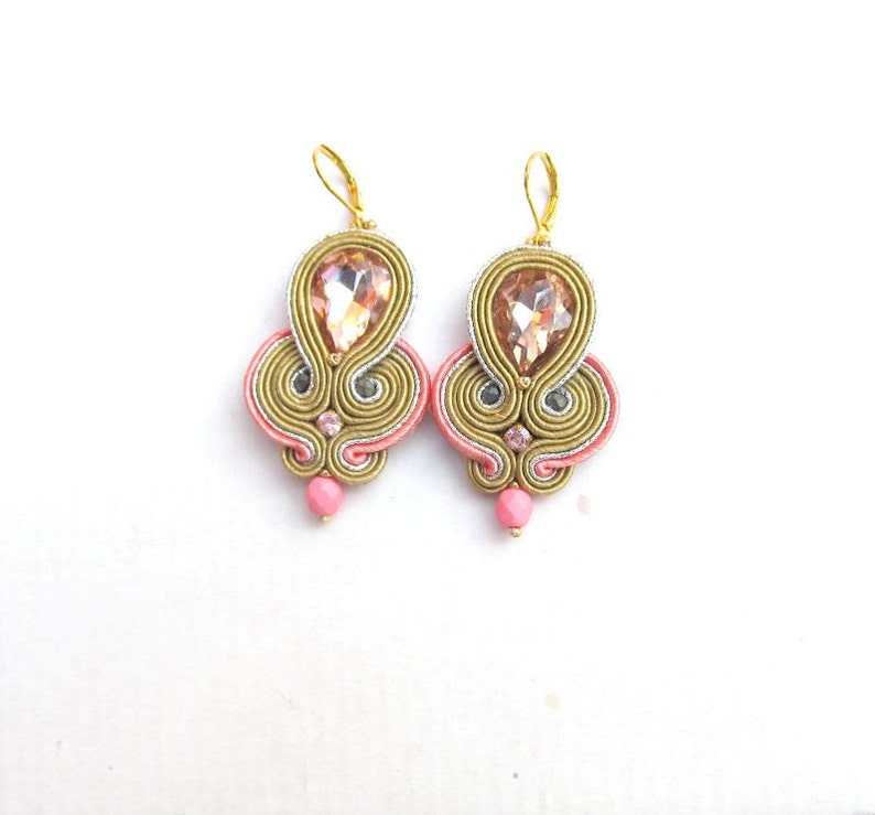 Light Rose Dangle Earrings, Soutache Earrings, Sparkling Earrings with Crystals, Dangle Earrings, Light Rose Earrings image 2