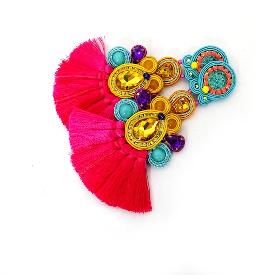 Colorful Soutache Tassel Clip-On Earrings: Handmade Crystal Jewelry