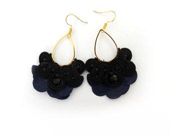 black flower earrings, soutache earrings, statement earrings, chandelier earrings