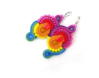 rainbow earrings, fun earrings, statement earrings soutache, birthday gift for her, mexican earrings, lesbian earrings lgbt