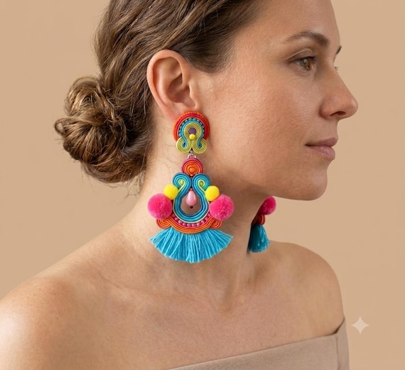 Mexican Soutache Tassel Earrings: Boho Pom Pom Statement Jewelry