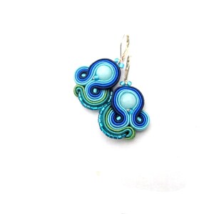 Blue Soutache Dangle Earrings: Hand Embroidered Beaded Jewelry