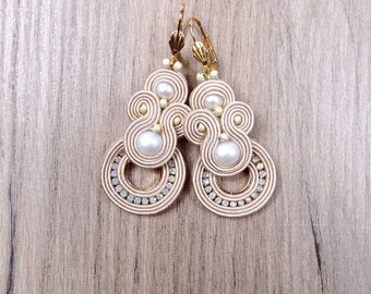 bridal earrings gold pearls, wedding teardrop earrings leather, soutache earrings, indian earrings hoop, statement earrings