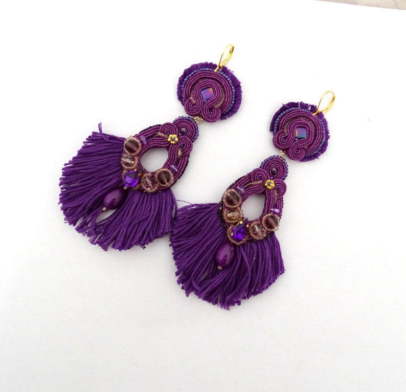 big soutache earrings long drop shape earrings witrh fringe mexican earrings colorful Purple tassel earrings boho statement earrings