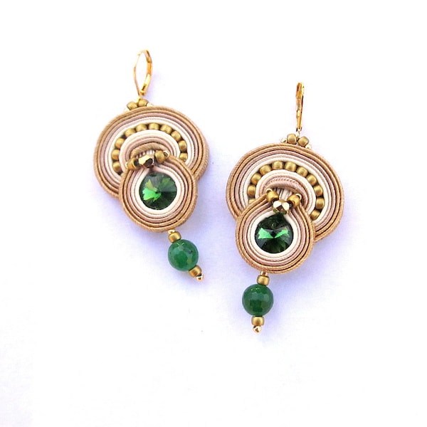 Dangle Crystal Earrings, Soutache Earrings, Beige Gold and Green Earrings, Handmade Earrings, Beaded Earrings, Soutache Jewelry