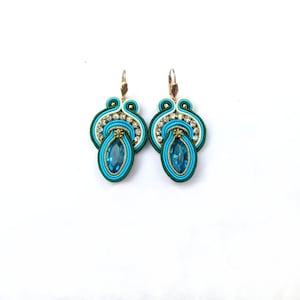 Turquoise Gold Dangle drop Earrings ,Sparkling Soutache Earrings with Crystals