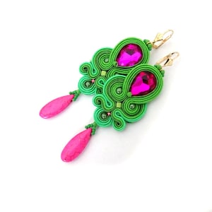 Green Soutache Dangle Earrings: Fuchsia Rhinestone & Howlite Teardrop