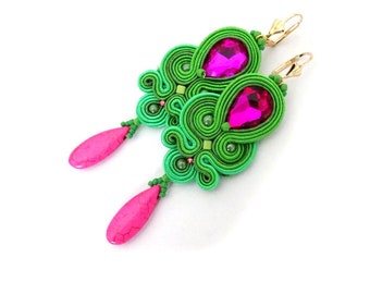 Green and Fuchsia Earrings, Dangle Earrings, Soutache Earrings, Pink Earrings, green rhinestone earrings