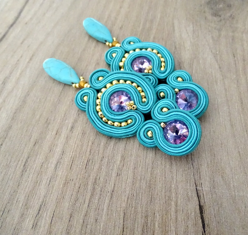 Teal Blue Clipon Earrings Long Turquoise Soutache Earrings Etsy UK