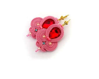 Pink dangle earrings, bright red  earrings, cristal earrings, pink and red soutache earrings