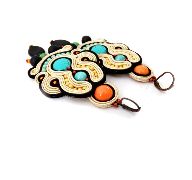 long dangle drop soutache earrings, boho drop earrings with turquoise image 4