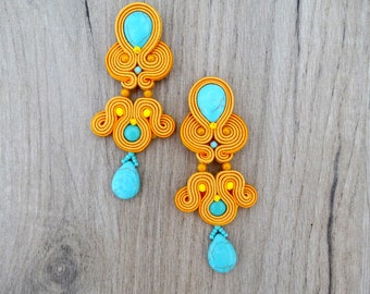 Long orange drop earrings, soutache clip-on earrings, boho statement earrings