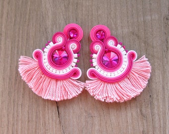 Pink Tassel Earrings, Soutache Earrings, Clip-On Earrings, Pink and hite Earrings, Handmade Soutache Jewelry, Fringe Earrings