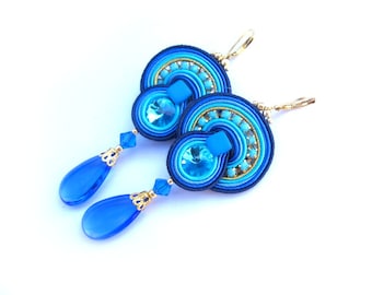 Long Dangle Earrings, Blue Drop Earrings, Handmade Soutache Earrings, Navy Blue and Gold Jewelry with Crystals