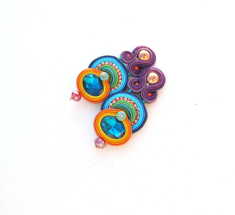 80s style earrings for woman, statement colorful soutache earrings, clip-on earrings for non pierced ears image 4