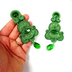 Emerald Green Soutache Earrings with crystals, long clip-on earrings, oriental style statement earrings image 5
