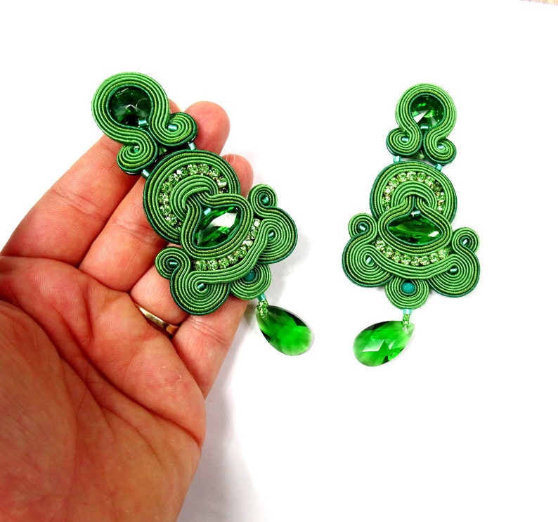 Emerald Green Soutache Earrings with crystals, long clip-on earrings, oriental style statement earrings image 5