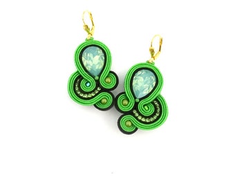 Statement Green Dangle Earrings with Opalite Crystals - Teardrop Soutache Style