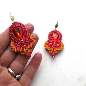 Unique Red Gold Dangle Earrings Handmade Soutache Earrings with Crystals image 3