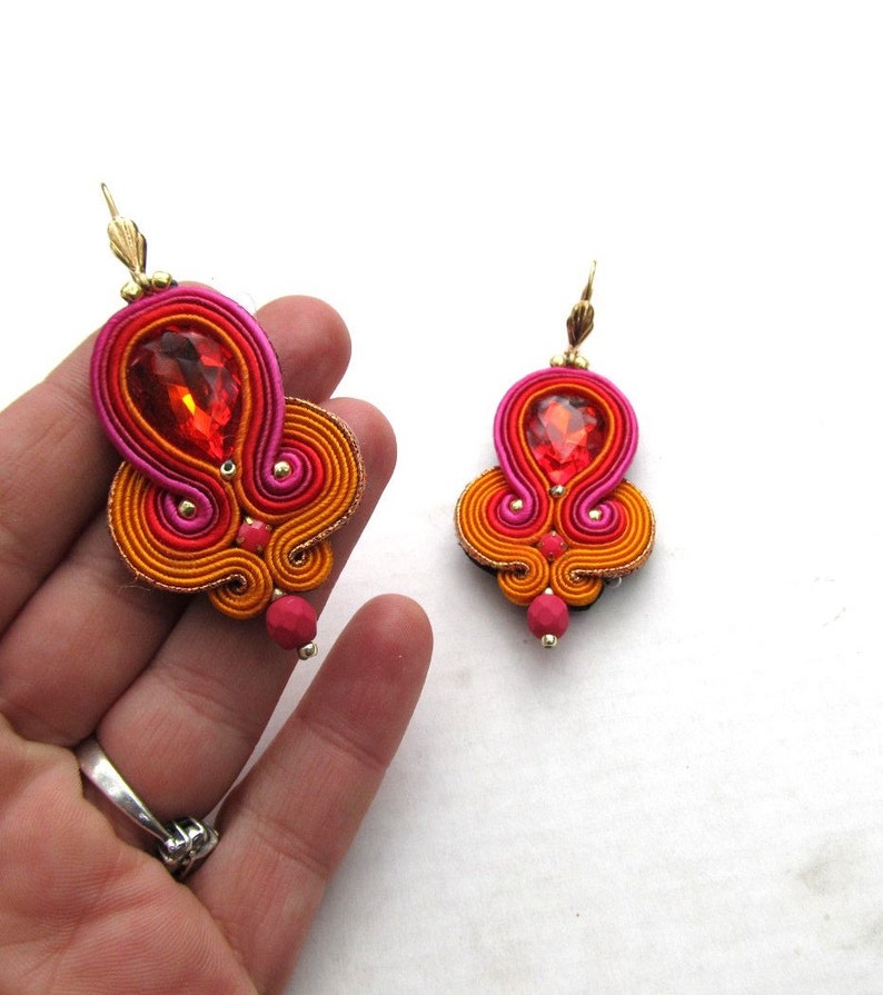 Unique Red Gold Dangle Earrings Handmade Soutache Earrings with Crystals image 3