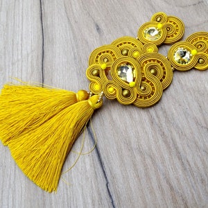 Very Long Clip-on earrings, Deep Yellow gold tassel earrings, Statement Soutache Earrings with crystals, gameday tassel esarrings image 3