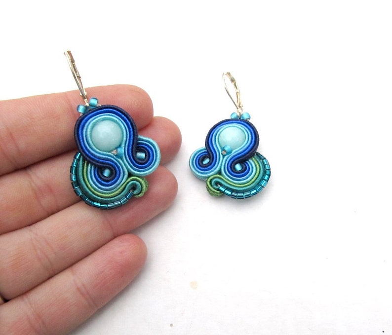 Handmade Blue Dangle Earrings , Blue Soutache Earrings with beads , Hand Embroidered Soutache Jewelry , Blue Earrings , Soutache Earrings image 1