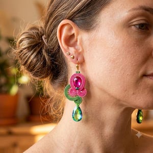 Handmade Soutache Dangle Earrings, pink and green crystals