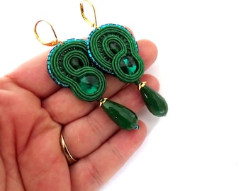 emerald green earrings, dangle drop earrings, long soutache earrings