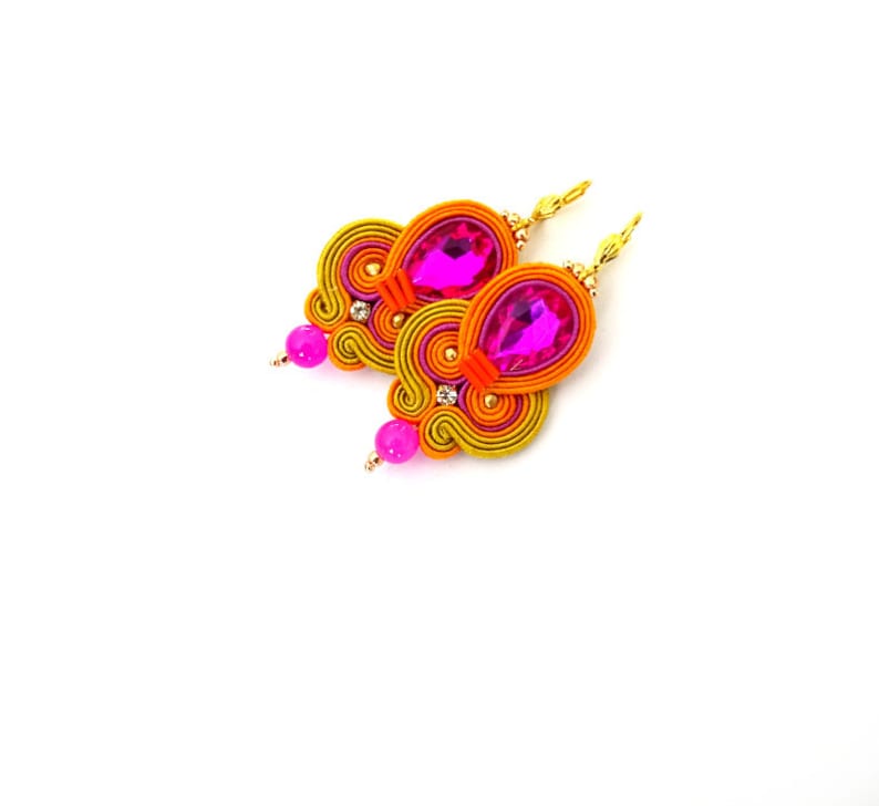 Hot Pink Soutache Dangle Earrings: Bollywood Style Rhinestone Jewelry image 2