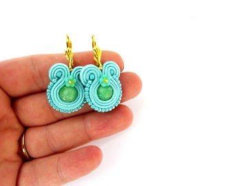 Mint green dangle earrings, soutache earrings, gold filled earrings, handmade beaded earrings, green jade earrings